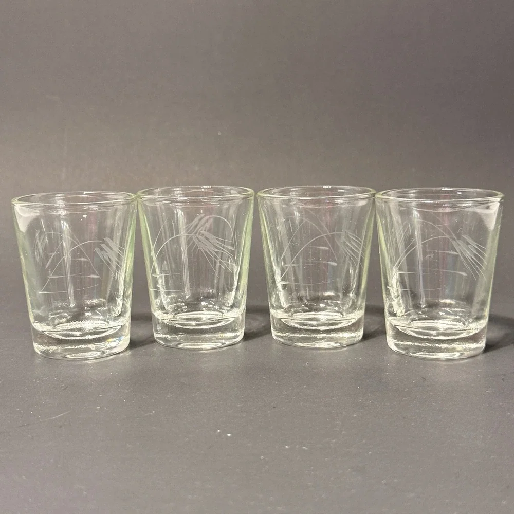 Vintage Etched Wheat Shot Glasses Clear Glass Set 4 Mid Century Barware 2.25in